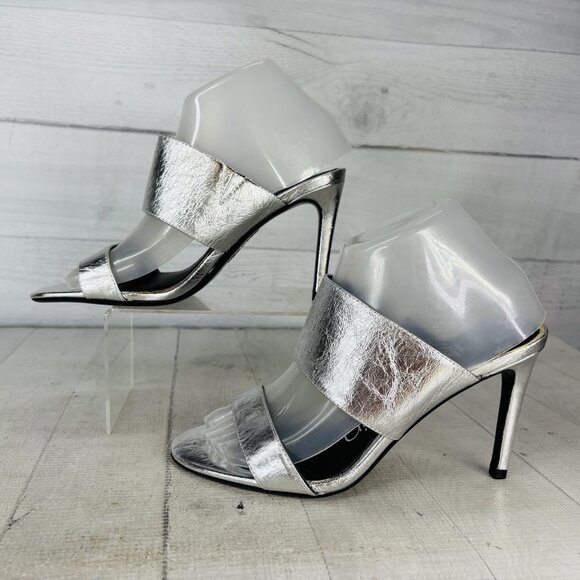 Calvin Klein REMA Metallic Silver Leather Double Band Slide Heel Sandals Sz 7.5M - Picture 5 of 16